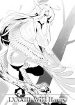  1girl absurdres ahoge animal_ears claws commentary_request flying from_side greyscale harpy highres kawasumi_(tk2k_jade) long_hair monochrome monster_girl nude original parted_lips solo tree twitter_username wings 