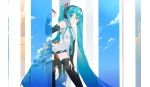  1girl bangs bare_shoulders black_gloves black_hair black_skirt blue_eyes blue_hair blue_sky breasts clouds collared_shirt commentary elbow_gloves english_commentary eyebrows_visible_through_hair fhang fingernails gloves glowing grin hair_between_eyes hair_ornament hand_on_leg hatsune_miku headphones highres long_hair looking_at_viewer partly_fingerless_gloves pleated_skirt shirt skirt sky small_breasts smile solo thigh-highs transparent very_long_hair vocaloid white_shirt 