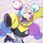 absurdres bow-shaped_hair character_hair_ornament hair_ornament highres iono_(pokemon) jacket long_hair low-tied_long_hair multicolored_hair oversized_clothes pokemon pokemon_(game) pokemon_sv sharp_teeth single_leg_pantyhose sleeves_past_wrists split-color_hair teeth twintails umyao_(umyaooon) very_long_sleeves x yellow_jacket