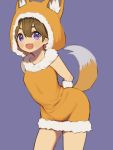  1girl animal_costume brown_hair dress dwarf fox_costume fox_hood fox_tail great_kichi looking_at_viewer open_mouth pointy_ears pop-up_story smile solo tail violet_eyes ymir_paaya 