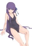  1girl bangs bare_arms bare_legs bare_shoulders barefoot black_swimsuit blue_bow blue_eyes bow breasts casual_one-piece_swimsuit commentary_request covered_navel eyebrows_visible_through_hair fate/extra fate/extra_ccc fate_(series) fingernails hair_between_eyes hair_bow highres jilu meltlilith one-piece_swimsuit purple_hair simple_background sitting small_breasts solo swimsuit white_background 