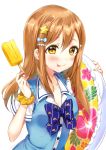  1girl :p artist_name bangs bico_(bicoris) blue_neckwear blush bow bowtie bracelet brown_eyes brown_hair collarbone collared_shirt commentary_request food hair_bow hair_ornament hairpin highres holding holding_food holding_innertube innertube jewelry kunikida_hanamaru long_hair looking_at_viewer love_live! love_live!_sunshine!! nail_polish pink_nails polka_dot polka_dot_scrunchie popsicle scrunchie shirt short_sleeves simple_background solo star star_hair_ornament striped_neckwear sweater_vest tongue tongue_out upper_body white_background wrist_scrunchie yellow_scrunchie 