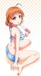  1girl :o ahoge ass bangs barefoot bikini blue_bikini bow bracelet braid commentary_request eyebrows_visible_through_hair glowstick hair_bow halftone halftone_background halterneck holding jewelry looking_at_viewer looking_back love_live! love_live!_sunshine!! orange_hair pink_bow red_eyes short_hair side_braid sitting solo striped striped_bikini swimsuit takami_chika yopparai_oni 