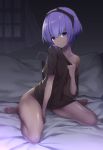  1girl bare_legs barefoot between_legs blurry breasts dark_skin depth_of_field eyebrows_visible_through_hair fate/grand_order fate/prototype fate/prototype:_fragments_of_blue_and_silver fate_(series) hand_between_legs hand_on_own_chest hassan_of_serenity_(fate) highres indoors light_blush looking_at_viewer naked_shirt off_shoulder on_bed parted_lips purple_hair see-through_silhouette shirt short_hair sitting small_breasts solo tyone violet_eyes wariza 