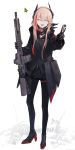  1girl :d ^_^ assault_rifle astg bangs black_footwear black_jacket black_legwear boots christmas_tree closed_eyes closed_eyes commentary_request eyeball facing_viewer fang full_body girls_frontline gun hair_between_eyes hair_ornament high_heel_boots high_heels highres holding holding_gun holding_weapon jacket light_brown_hair long_hair m4_carbine m4_sopmod_ii m4_sopmod_ii_(girls_frontline) multicolored_hair open_mouth pantyhose redhead rifle shoes smile standing streaked_hair v weapon white_background 
