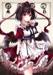  apron bird_wings black_hair black_ribbon black_wings camera dress frilled_dress frills hat highres kisaragi_yuri leaf-pattern_stripe long_sleeves maid maid_apron maid_dress puffy_long_sleeves puffy_sleeves red_eyes ribbon shameimaru_aya short_hair smile tokin_hat touhou wings wristband 