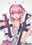  1girl ar-15 armor artist_name bangs blush breasts collarbone dress dual_wielding eyebrows_visible_through_hair girls_frontline gradient gradient_background gun hair_between_eyes hair_ornament highres holding long_hair looking_at_viewer mod3_(girls_frontline) multicolored_hair one_side_up open_mouth pillow pillow_hug pink_eyes pink_hair rifle sidelocks simple_background small_breasts st_ar-15_(girls_frontline) streaked_hair v-shaped_eyebrows weapon xanax025 