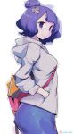  1girl bag blue_pants book breasts casual commentary english_commentary eric_muentes fate/grand_order fate_(series) flower from_side hair_bun hair_flower hair_ornament hairpin hand_in_pocket hood hood_down hoodie katsushika_hokusai_(fate/grand_order) light_smile looking_at_viewer medium_breasts pants short_hair solo strap_slip thick_thighs thighs violet_eyes white_background yoga_pants 
