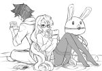  1boy 1girl back-to-back ball_gag blush breasts curly_hair eyebrows_visible_through_hair food furi2play gag glasses handheld_game_console hood hood_down hoodie indian_style knees_together long_hair margit_(furi2play) medium_breasts mole mole_under_eye monochrome mouth_hold nintendo_3ds no_shoes pantyhose peach_(momozen) pleated_skirt pocky shibari sitting skirt spiky_hair stuffed_animal stuffed_bunny stuffed_toy sweater thighband_pantyhose very_long_hair west_(furi2play) when_you_see_it 