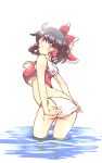  1girl adapted_costume adjusting_clothes adjusting_swimsuit ascot ass bare_shoulders bikini black_hair blush bow breasts covered_nipples cowboy_shot hair_bow hair_tubes hakurei_reimu highres looking_at_viewer looking_back medium_breasts non_(z-art) partially_submerged red_eyes short_hair side-tie_bikini simple_background solo swimsuit touhou under_boob water white_background white_bikini 