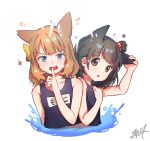  2girls :o animal_ears arm_up bangs bare_arms bare_shoulders blue_eyes blue_swimsuit blush bow brown_eyes brown_hair collarbone commentary_request eyebrows_visible_through_hair finger_to_mouth hair_bobbles hair_bow hair_ornament idolmaster idolmaster_million_live! kemonomimi_mode kuri_choko light_brown_hair multiple_girls nakatani_iku name_tag one-piece_swimsuit one_side_up open_mouth orange_bow parted_lips school_swimsuit signature sparkle suou_momoko sweat swimsuit v-shaped_eyebrows water white_background 