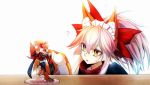  1girl ? animal_ears bell bell_collar cat_paws collar fate/grand_order fate_(series) fox_ears fox_tail gloves japanese_clothes jingle_bell long_hair lytlennier maid_headdress paw_gloves paws pink_hair ponytail simple_background solo tagme tail tamamo_(fate)_(all) tamamo_cat_(fate) white_background 