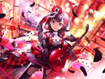  1girl amamiya_ren_(cosplay) bang_dream! black_hair blush card cosplay dice dress feathers guitar holding_instrument looking_at_viewer mask mitake_ran music official_art open_mouth persona_5 red_eyes short_hair smile solo 