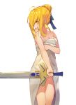  1girl ahoge artoria_pendragon_(all) blonde_hair blue_ribbon braid breasts closed_mouth collarbone excalibur fate/stay_night fate_(series) french_braid frown green_eyes hair_bun hair_ribbon highres holding holding_sword holding_weapon long_hair medium_breasts messy_hair naked_towel ribbon saber simple_background solo sword tota_(sizukurubiks) towel weapon white_background 