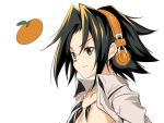  1boy asakura_you bangs black_hair closed_mouth commentary_request copyright_request food from_side fruit grey_shirt headphones male_focus mandarin_orange open_clothes open_shirt parted_bangs shaman_king shirt simple_background smile solo tooth_necklace ulrich_(tagaragakuin) upper_body white_background wing_collar 