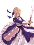  1girl absurdres armor armored_dress artoria_pendragon_(all) blonde_hair blue_dress braid breastplate dress excalibur fate/grand_order fate/stay_night fate_(series) french_braid gauntlets green_eyes hair_between_eyes highres holding holding_sword holding_weapon huge_filesize juliet_sleeves long_sleeves looking_at_viewer puffy_sleeves saber short_hair simple_background solo sword tgb0223 weapon white_background 