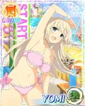  1girl bikini blonde_hair blue_eyes blush bottle breasts day hair_ornament hairclip large_breasts long_hair looking_at_viewer ocean open_mouth outdoors pink_bikini senran_kagura senran_kagura_new_wave smile solo swimsuit water_bottle yaegashi_nan yomi_(senran_kagura) 