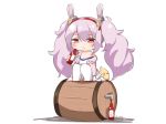  1girl ame. animal animal_ears azur_lane bangs bare_shoulders barrel bird blush bottle camisole chibi chick closed_mouth eyebrows_visible_through_hair fur-trimmed_jacket fur-trimmed_sleeves fur_trim hair_between_eyes hair_ornament hairband half-closed_eyes holding holding_bottle jacket laffey_(azur_lane) long_hair long_sleeves off_shoulder open_clothes open_jacket pink_hair pink_jacket rabbit_ears red_eyes red_hairband signature sitting solo strap_slip thigh-highs twintails very_long_hair white_background white_camisole white_legwear 