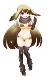  1girl :d bikini black_gloves black_legwear blonde_hair blue_eyes bow_bikini breasts brown_hair elbow_gloves eyebrows_visible_through_hair full_body gloves gradient_hair hand_up ise_(0425) kemono_friends long_hair looking_at_viewer medium_breasts multicolored_hair navel open_mouth partly_fingerless_gloves scarf simple_background smile solo standing steller&#039;s_sea_lion_(kemono_friends) swimsuit thigh-highs very_long_hair white_background white_hair 