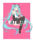  1girl absurdres artist_name black_footwear black_skirt blue_eyes blue_hair blue_neckwear blush boots breasts detached_sleeves eyebrows_visible_through_hair full_body happy_birthday hatsune_miku highres long_hair looking_at_viewer medium_breasts necktie parted_lips peng_yong pink_background signature simple_background skirt smile solo thigh-highs thigh_boots twintails very_long_hair vocaloid 