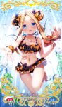  1girl :d abigail_williams_(fate/grand_order) air_bubble ass_visible_through_thighs barefoot bikini black_bow blonde_hair blue_eyes bow bubble collarbone double_bun eyebrows_visible_through_hair fate/grand_order fate_(series) frilled_bikini frills hair_bow highres long_hair looking_at_viewer multicolored multicolored_bikini multicolored_clothes navel open_mouth orange_bow outstretched_arm polka_dot polka_dot_bow sasai_saji scrunchie seaweed smile solo stuffed_animal stuffed_toy swimsuit teddy_bear thigh_gap translation_request underwater wrist_scrunchie 