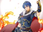  1boy armor blue_eyes blue_hair cape falchion_(fire_emblem) fire fire_emblem fire_emblem:_mystery_of_the_emblem fire_emblem_heroes gloves intelligent_systems looking_at_viewer male_focus marth nintendo short_hair simple_background smile solo super_smash_bros. tiara weapon white_background yuu_(ranranran1028) 