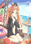 abigail_williams_(fate/grand_order) absurdres animal animal_on_head bangs bare_legs barefoot beach bikini black_jacket blonde_hair blue_bikini blue_eyes blue_sky blush bow closed_mouth clouds collarbone commentary crazy_straw crossed_bandaids day drinking_straw dutch_angle eyebrows_visible_through_hair fate/grand_order fate_(series) flower hair_bow hair_flower hair_ornament hands_up heart_straw highres hood hood_down hooded_jacket horizon innertube jacket long_hair long_sleeves navel ocean octopus on_head orange_bow outdoors parfait parted_bangs red_flower rot_zzi sand sitting sky sleeves_past_fingers sleeves_past_wrists smile stuffed_animal stuffed_toy swimsuit teddy_bear twintails very_long_hair wariza water yellow_flower 