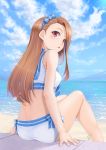  1girl ass beach blue_hairband bow brown_hair eyebrows_visible_through_hair hairband idolmaster idolmaster_(classic) long_hair looking_at_viewer looking_back midriff minase_iori miri_(ago550421) ocean open_mouth red_eyes sailor_swimsuit_(idolmaster) signature sitting solo turning_head 