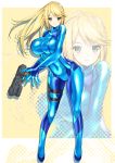  1girl bangs blonde_hair blue_bodysuit bodysuit breasts closed_mouth covered_navel covered_nipples expressionless eyebrows_visible_through_hair full_body groin gun handgun high_ponytail highres holding holding_gun holding_weapon holster huge_breasts impossible_bodysuit impossible_clothes long_hair looking_at_viewer metroid nintendo ponytail samus_aran shiny shiny_clothes skin_tight solo standing swept_bangs tamiya_akito thigh_holster turtleneck weapon zero_suit 