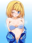  1girl bangs bare_shoulders blonde_hair blue_background blue_eyes blush bodysuit bodysuit_pull bra breasts eyebrows_visible_through_hair frown gradient gradient_background hairband heavy_object kikuchi_tsutomu looking_at_viewer medium_breasts milinda_brantini navel one_eye_closed open_mouth short_hair standing strapless strapless_bra underwear undressing upper_body white_hairband 