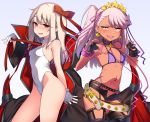  2girls bb_(fate)_(all) bb_(swimsuit_mooncancer)_(fate) bb_(swimsuit_mooncancer)_(fate)_(cosplay) belt bikini_top blonde_hair chloe_von_einzbern cloak cosplay dark_skin fate/grand_order fate/kaleid_liner_prisma_illya fate_(series) fingerless_gloves gloves highleg highleg_leotard highres illyasviel_von_einzbern lavender_hair leotard looking_at_viewer multiple_girls open_fly santa_(sunflower) short_shorts shorts simple_background smile tattoo thong white_gloves 