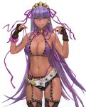  1girl :q bangs bb_(fate)_(all) bb_(fate/extra_ccc) bb_(swimsuit_mooncancer)_(fate) bead_bracelet beads belt belt_buckle bikini black_gloves bracelet breasts buckle cleavage cowboy_shot dark_skin earrings eyebrows_visible_through_hair fate/grand_order fate_(series) fingerless_gloves fingernails garter_belt gloves gold_trim hair_ornament hair_ribbon hairband highres jewelry large_breasts long_hair looking_at_viewer loose_belt nail_polish navel purple_hair purple_nails purple_ribbon ribbon simple_background single_earring smile solo soonbu standing star star_earrings star_hair_ornament stomach swimsuit thigh-highs tongue tongue_out very_long_hair violet_eyes white_background white_belt 
