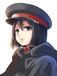  1girl a9b_(louis814) bangs black_hair black_hat character_request closed_mouth commentary_request copyright_request expressionless eyelashes hair_between_eyes hat lips looking_at_viewer military_hat parted_bangs short_hair simple_background solo upper_body white_background 