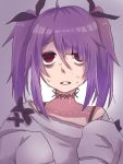  1girl bangs black_choker choker commentary_request grey_sweater hair_between_eyes long_hair looking_at_viewer purple_hair shiny shiny_hair simple_background solo sweatdrop sweater violet_eyes 
