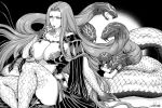  1boy 1girl 2018 arm_support artist_name ass biting breasts claws eating fangs fate/grand_order fate_(series) food fujimaru_ritsuka_(male) gorgon_(fate) greyscale joka_(hiwai) large_breasts long_hair macaron monochrome monster_girl open_mouth panties pantyshot pantyshot_(sitting) rider scales sitting sleeping smile snake snake_hair snake_tail tail tattoo underwear very_long_hair 