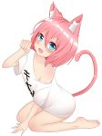  1girl :d animal_ears arm_up bangs bare_legs barefoot blue_eyes blush breasts cat_ears cat_girl cat_tail cleavage clothes_writing commentary_request eyebrows_visible_through_hair fang feet fingernails hair_between_eyes hand_up highres legs leng_xiao off_shoulder open_mouth original paw_pose pink_hair shirt short_sleeves simple_background sitting small_breasts smile soles solo tail tail_raised translated wariza white_background white_shirt wide_sleeves 