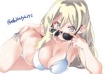  1girl adjusting_eyewear bikini blonde_hair blue_eyes blush breasts closed_mouth collarbone ebifurya eyebrows_visible_through_hair hair_between_eyes kantai_collection large_breasts long_hair looking_at_viewer lying mole mole_under_eye mole_under_mouth richelieu_(kantai_collection) simple_background smile solo sunglasses swimsuit twitter_username white_background white_bikini 