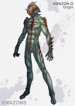  1boy arm_blade claws compound_eyes fang fins full_body green_skin highres horn horns kamen_rider kamen_rider_amazon_omega kamen_rider_amazons male_focus monster mugi30007073 no_humans open_mouth red_eyes sharp_teeth solo standing teeth title weapon 