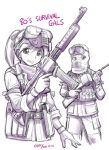  2girls assault_rifle balaclava commentary_request dated ebifly gloves goggles goggles_on_head greyscale gun holding holding_gun holding_weapon jacket long_sleeves looking_at_viewer military military_uniform monochrome multiple_girls original ponytail pouch rifle signature simple_background smile standing trigger_discipline uniform weapon white_background 