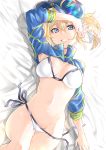  1girl ahoge arm_on_head ass_visible_through_thighs blonde_hair breasts cleavage fate/grand_order fate_(series) from_above groin hair_between_eyes hat highres lying medium_breasts mysterious_heroine_xx_(foreigner) navel on_back ponytail shignonpencil smile solo 