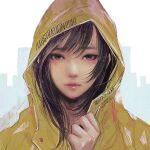  1girl 2018 bangs black_eyes black_hair hand_up highres hood hood_up illustration.media light_smile long_hair looking_at_viewer original portrait solo wataboku 