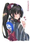  1girl alternate_costume alternate_hairstyle black_hair blush ebifurya eyebrows_visible_through_hair fan flower hair_flower hair_ornament highres isokaze_(kantai_collection) japanese_clothes kantai_collection kimono long_hair looking_at_viewer looking_back obi paper_fan ponytail red_eyes sash sidelocks simple_background sparkle striped striped_kimono thumbs_up twitter_username uchiwa very_long_hair white_background yukata 