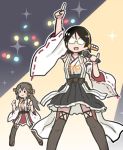  2girls clenched_hands commentary commentary_request glasses haruna_(kantai_collection) kantai_collection kirishima_(kantai_collection) lights microphone multiple_girls music oekaki pinky_out pointing pointing_up saturday_night_fever singing spotlight terrajin thigh-highs zettai_ryouiki 