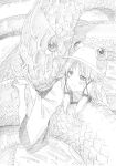  1girl animal barefoot blush closed_mouth commentary_request greyscale hand_up hat highres long_sleeves monochrome moriya_suwako oversized_animal pink_x sidelocks smile snake solo touhou wide_sleeves 
