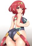  1girl ass bare_arms bare_shoulders black_swimsuit blush breasts casual_one-piece_swimsuit commentary_request covered_nipples gradient gradient_background grey_background headgear heart pyra_(xenoblade) huge_ass large_breasts looking_at_viewer looking_back nintendo one-piece_swimsuit parted_lips red_eyes redhead short_hair solo standing swimsuit toshishikisai white_background xenoblade_(series) xenoblade_2 