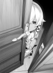  1girl closed_mouth commentary_request copyright_request door dress fingernails greyscale hair_between_eyes jitome looking_at_viewer m-da_s-tarou monochrome open_door peeking_out pelvic_curtain short_dress sidelocks squatting tail 