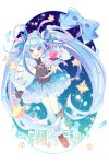  /\/\/\ 1girl :d black_gloves black_shirt blue_bow blue_eyes blue_hair blush bow box brown_footwear building capelet constellation eyebrows_visible_through_hair fingerless_gloves gift gift_box gloves hair_ornament hat hatsune_miku heart ie_(nyj1815) leg_up long_hair looking_at_viewer musical_note open_mouth outstretched_arm pantyhose pleated_skirt shirt shoes silhouette single_glove skirt smile snowflake_hair_ornament snowflakes solo star twintails very_long_hair vocaloid white_legwear 