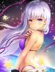  1girl bangs bare_shoulders bb_(fate)_(all) bb_(swimsuit_mooncancer)_(fate) bikini blush breasts closed_mouth commentary_request earrings eyebrows_visible_through_hair fate/grand_order fate_(series) from_side highres jewelry lavender_hair long_hair looking_at_viewer looking_back looking_to_the_side medium_breasts pilokey purple_bikini solo star star_earrings swimsuit very_long_hair violet_eyes 