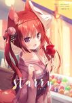  1girl :d animal_ear_fluff animal_ears bangs blurry blurry_background blush candy_apple collarbone commentary_request cover cover_page depth_of_field eyebrows_visible_through_hair floral_print food fox_ears fox_girl fox_mask fox_tail hair_between_eyes hands_up highres holding holding_food hoshi_(snacherubi) japanese_clothes kimono long_hair long_sleeves looking_at_viewer mask mask_on_head obi open_mouth original outdoors pinching_sleeves pink_kimono print_kimono red_eyes redhead sash sleeves_past_wrists smile solo standing tail twintails wide_sleeves 