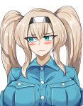  1girl alternate_costume bangs blonde_hair blue_eyes blue_shirt blush breast_pocket buttons ciudad closed_mouth collared_shirt commentary_request cosplay embarrassed eyebrows_visible_through_hair gambier_bay_(kantai_collection) gambier_bay_(kantai_collection)_(cosplay) graf_zeppelin_(kantai_collection) hair_between_eyes hairband highres kantai_collection long_hair looking_at_viewer pocket shirt sidelocks simple_background solo standing twintails upper_body white_background 